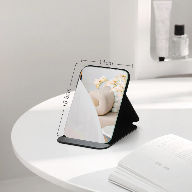 Desktop Portable Handheld Black Mirror Makeup Mirror Solid Color PU Leather Simple Foldable Student Compact Cute Pocket Mirror