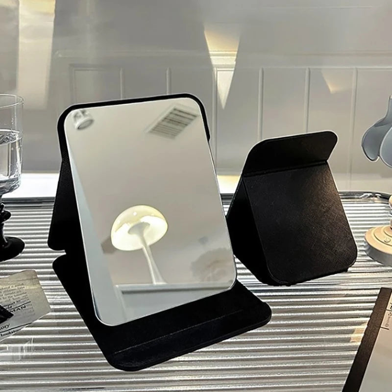 Desktop Portable Handheld Black Mirror Makeup Mirror Solid Color PU Leather Simple Foldable Student Compact Cute Pocket Mirror