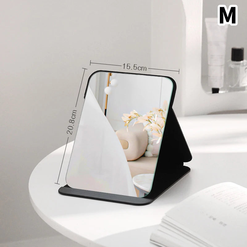 Desktop Portable Handheld Black Mirror Makeup Mirror Solid Color PU Leather Simple Foldable Student Compact Cute Pocket Mirror