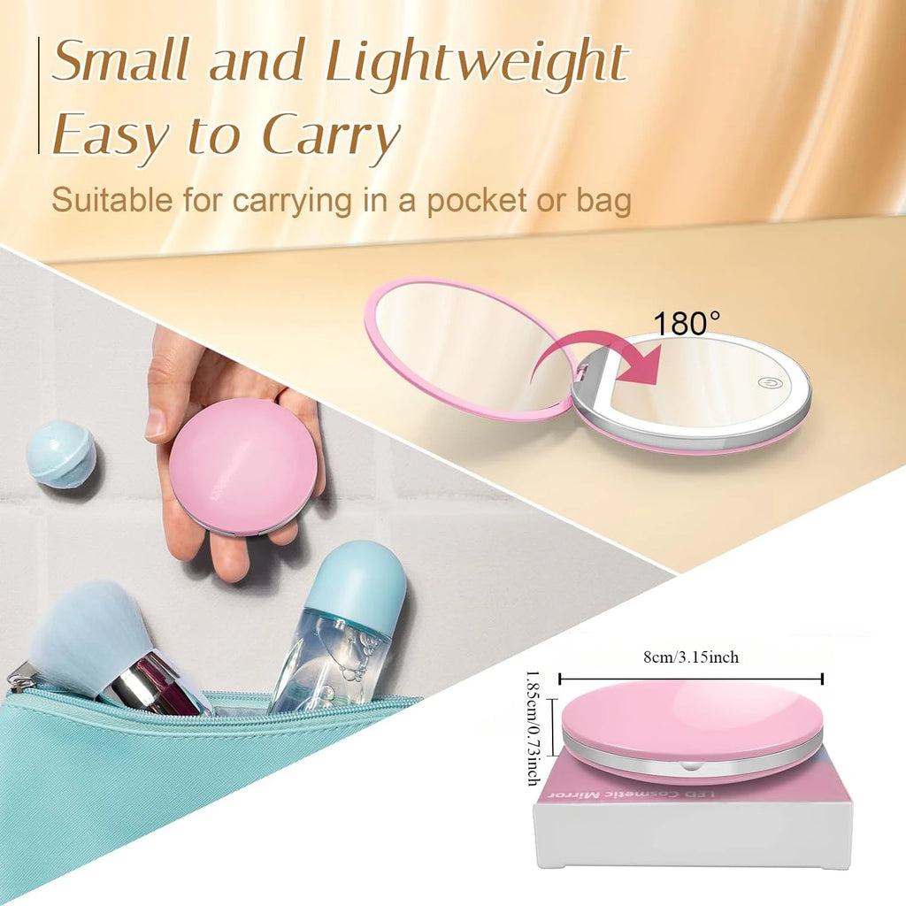 Compact Mirror with Light,1X/3X Magnification LED Pocket Mirror with USB Data Cable, Pink Mini Mirror for Purse, Pocket,Travel