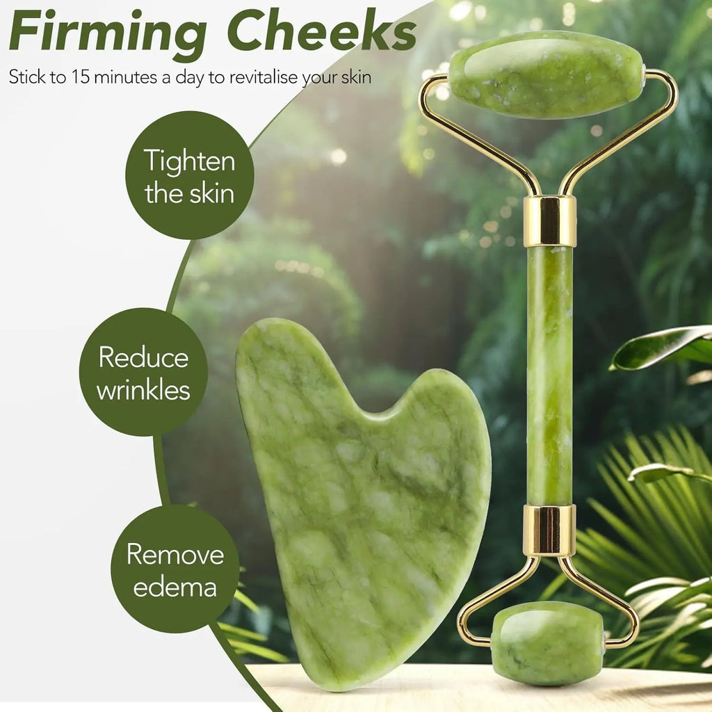 Skin Care Quartz Stone Natural Face Jade Roller Set Cooling Eye Gua Sha Tool Facial Beauty Massage For Face Jade Wheel  Green