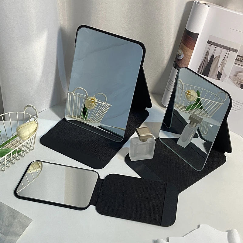 Desktop Portable Handheld Black Mirror Makeup Mirror Solid Color PU Leather Simple Foldable Student Compact Cute Pocket Mirror