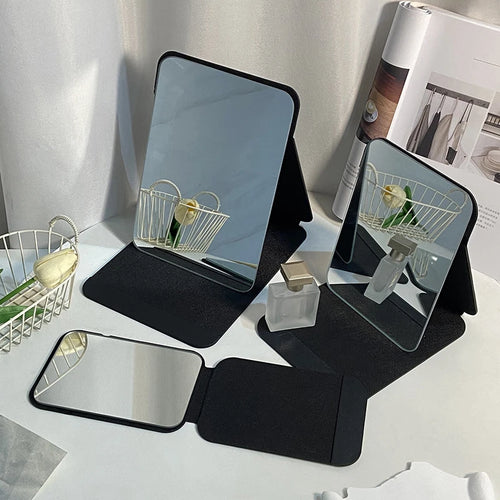 Desktop Portable Handheld Black Mirror Makeup Mirror Solid Color PU Leather Simple Foldable Student Compact Cute Pocket Mirror