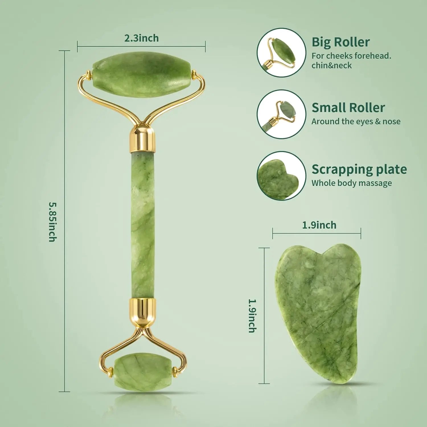 Skin Care Quartz Stone Natural Face Jade Roller Set Cooling Eye Gua Sha Tool Facial Beauty Massage For Face Jade Wheel  Green