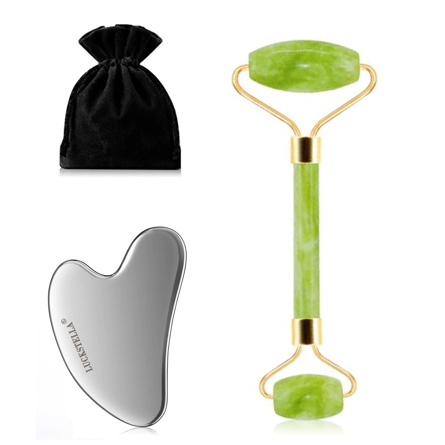 Skin Care Quartz Stone Natural Face Jade Roller Set Cooling Eye Gua Sha Tool Facial Beauty Massage For Face Jade Wheel  Green