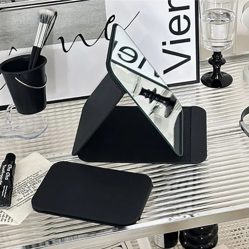 Desktop Portable Handheld Black Mirror Makeup Mirror Solid Color PU Leather Simple Foldable Student Compact Cute Pocket Mirror