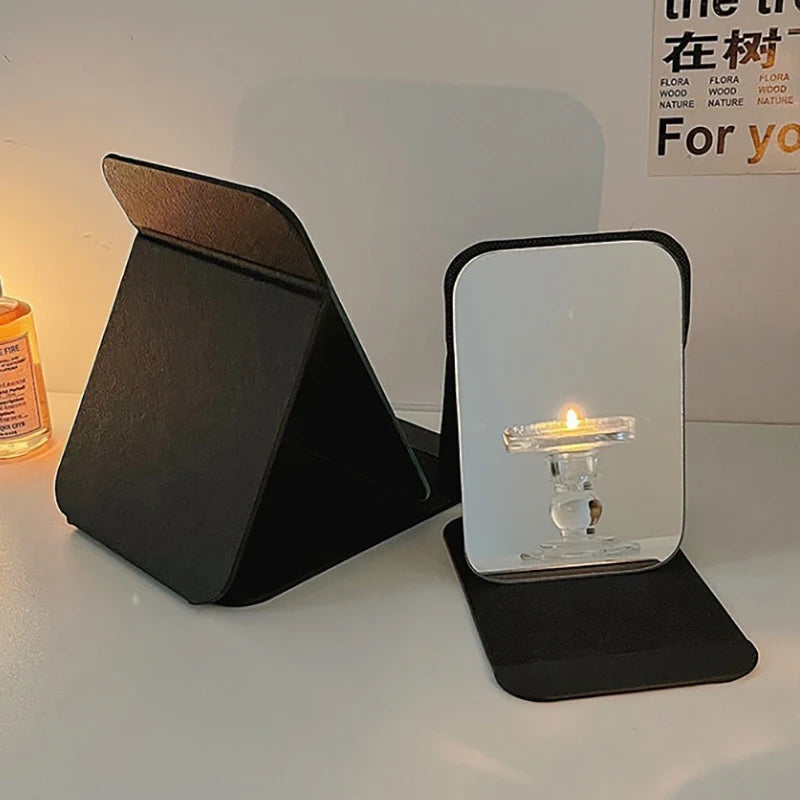 Desktop Portable Handheld Black Mirror Makeup Mirror Solid Color PU Leather Simple Foldable Student Compact Cute Pocket Mirror