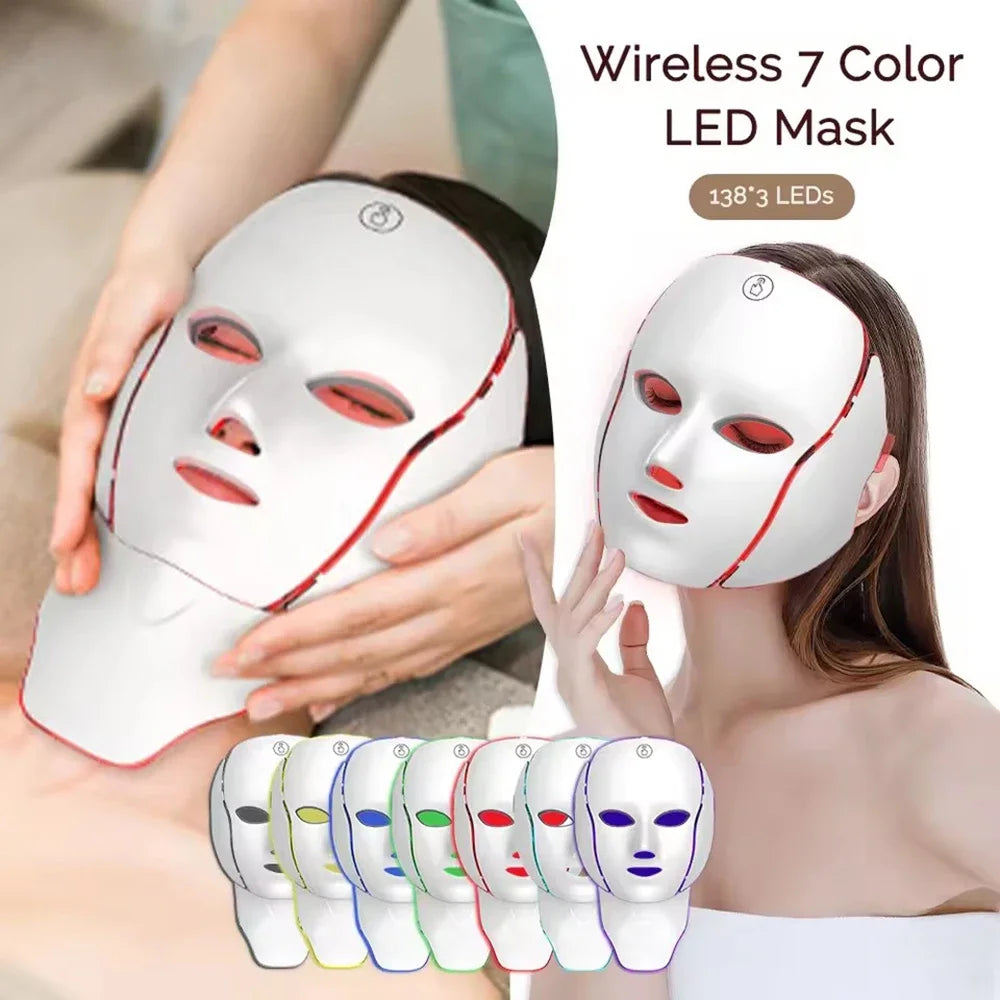 LED Face Mask Red Light Therapy 7-1 Color 192LEDs Facial Wireless Mask Home Beauty Facial LED Mask Lovely Gift