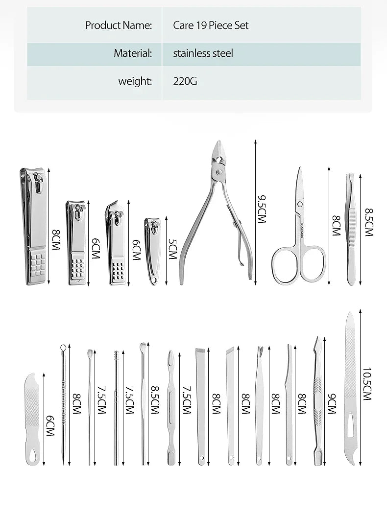 Nail art 19 piece set of beauty tools, home manicure, foot trimming, eagle beak pliers, care kit, nail knife, nail clipper set