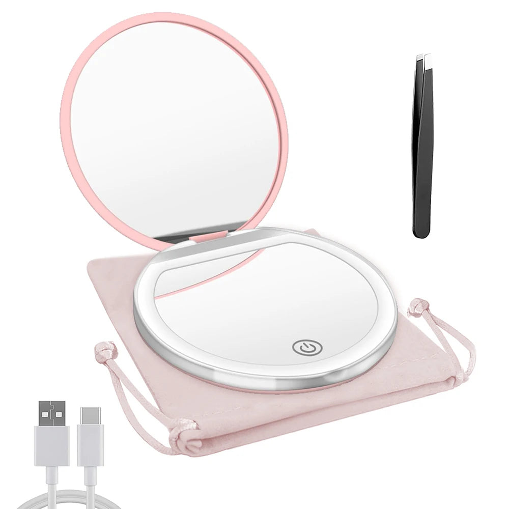 Compact Mirror with Light,1X/3X Magnification LED Pocket Mirror with USB Data Cable, Pink Mini Mirror for Purse, Pocket,Travel