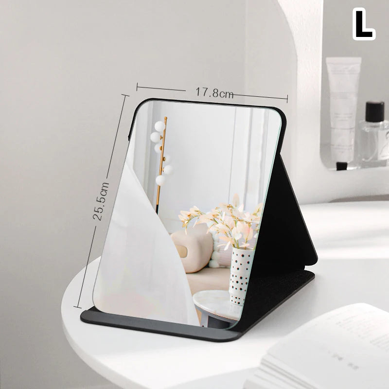 Desktop Portable Handheld Black Mirror Makeup Mirror Solid Color PU Leather Simple Foldable Student Compact Cute Pocket Mirror
