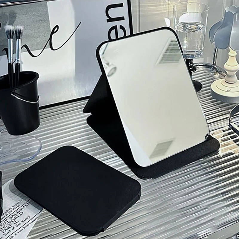 Desktop Portable Handheld Black Mirror Makeup Mirror Solid Color PU Leather Simple Foldable Student Compact Cute Pocket Mirror